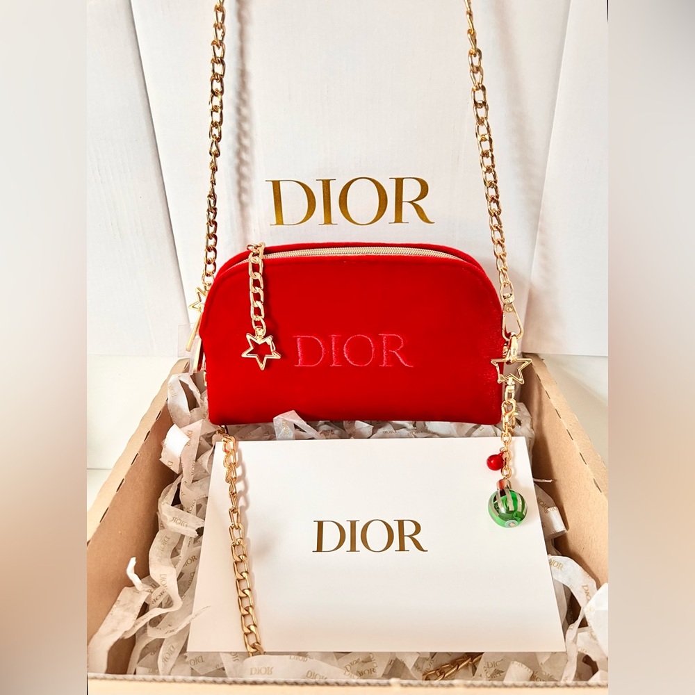 DIOR Beauty Red Velvet Velour Crossbody Gold Purse Chain Bag Card + Box